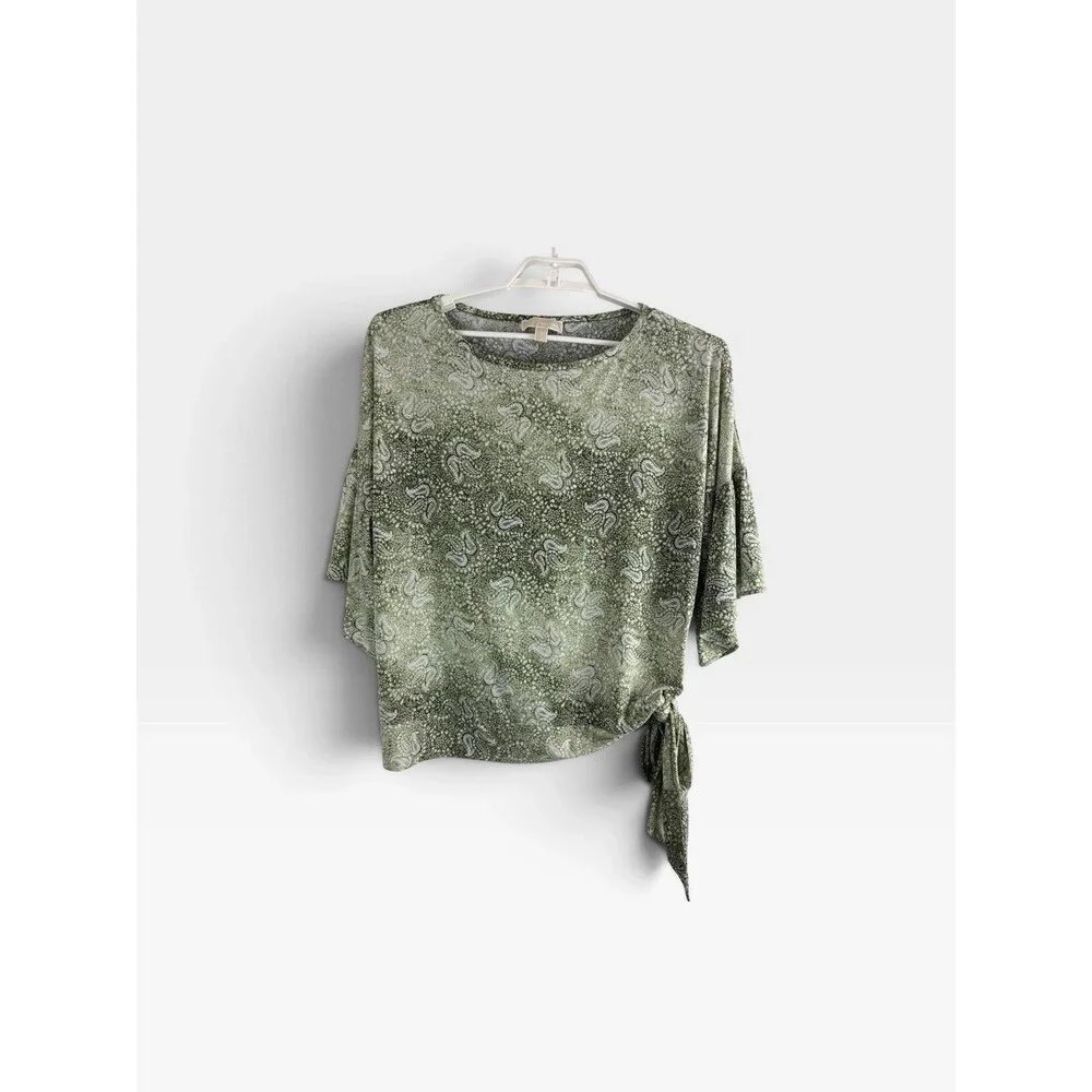 Michael Kors Womens Shirt Size 2XL Green Paisley Relaxed Side Tie Short Sleeve